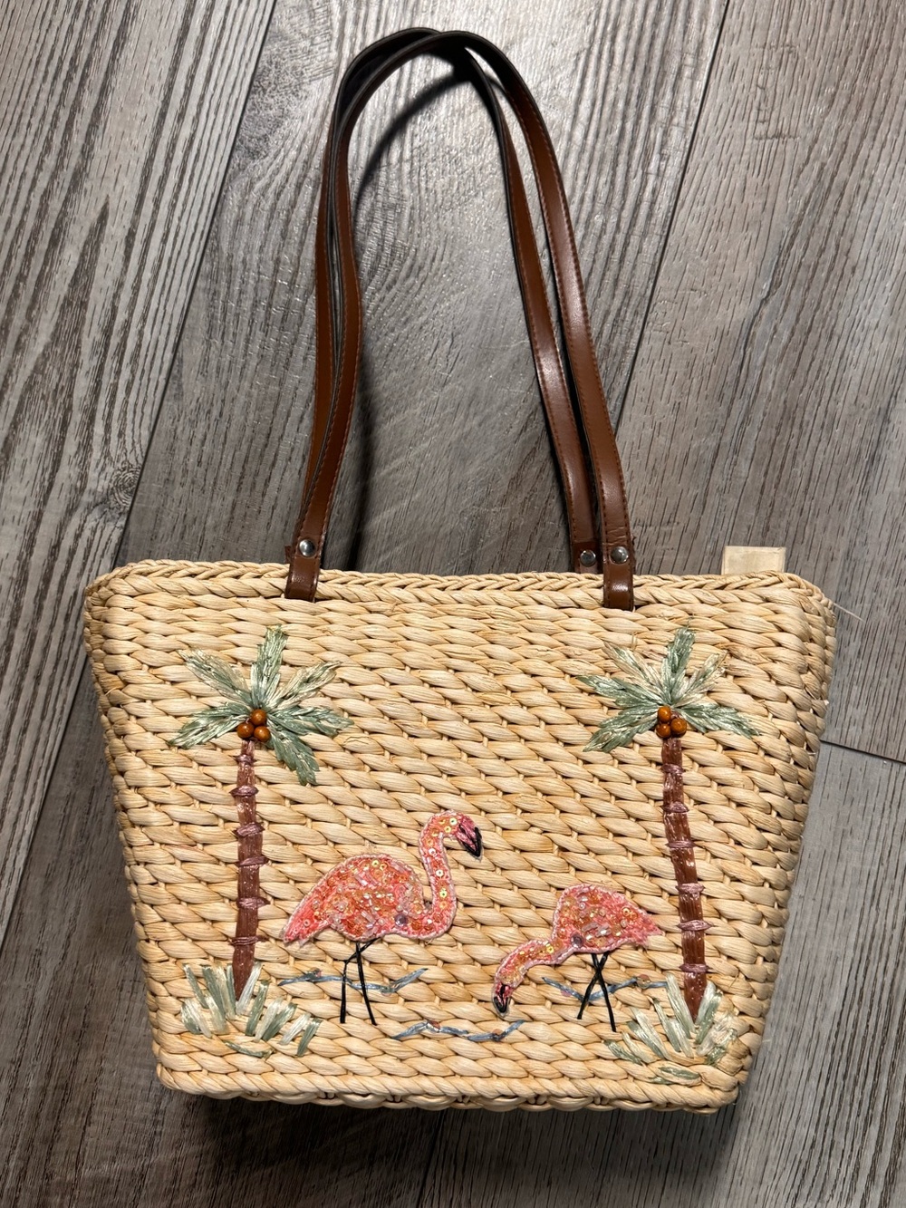 Cappelli Straworld Flamingo Straw Tote Bag vintage purse tropical palm trees